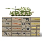 A toy tank and various toy weapons, including rifles, pistols, and ammunition, are displayed.