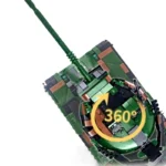 A toy tank with a green and brown camouflage pattern and a rotating turret is shown.