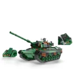 A green and brown toy tank with a long barrel and additional pieces.