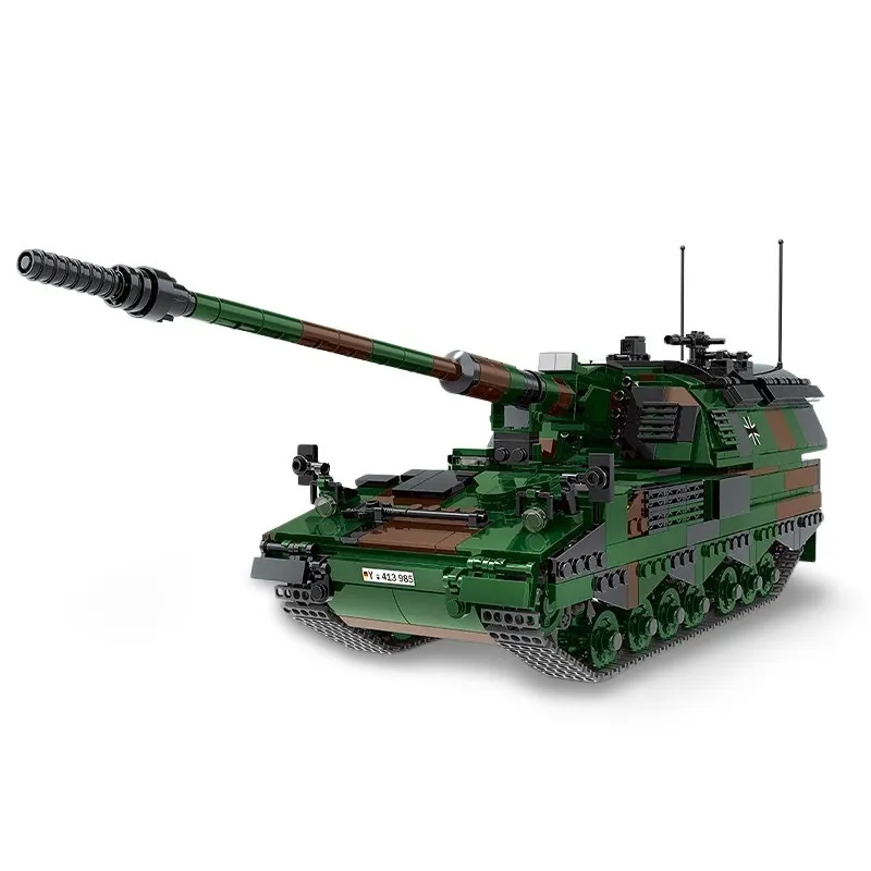 A green and brown toy tank with a long barrel and treads.