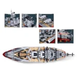 A toy battleship constructed from interlocking bricks is displayed with multiple views.
