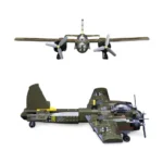 Two views of a toy airplane with propellers and dark green and yellow parts.