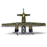 A green toy airplane with propellers and black crosses on the wings.