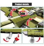 A toy airplane with rotating propellers, retractable landing gear, and a detachable missile is shown.