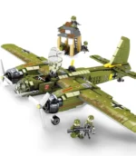 Green toy airplane with two propellers and three toy soldiers, one on a tower.