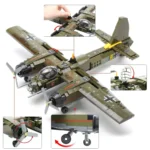 A toy airplane with rotating propellers, retractable landing gear, and opening cockpit is displayed.