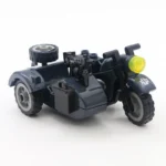 A toy motorcycle with a sidecar and a machine gun is visible.