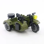 A toy motorcycle with a sidecar and a mounted gun is visible.
