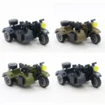 Four toy motorcycles with sidecars, each with a mounted gun and spare tire.
