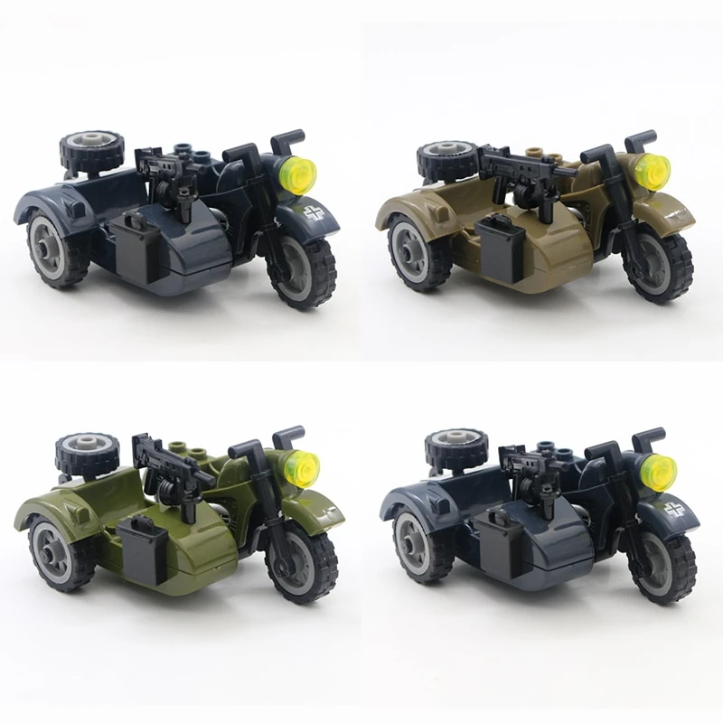 Four toy motorcycles with sidecars, each with a mounted gun and spare tire.
