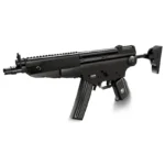 A black toy gun with a magazine and stock is displayed.