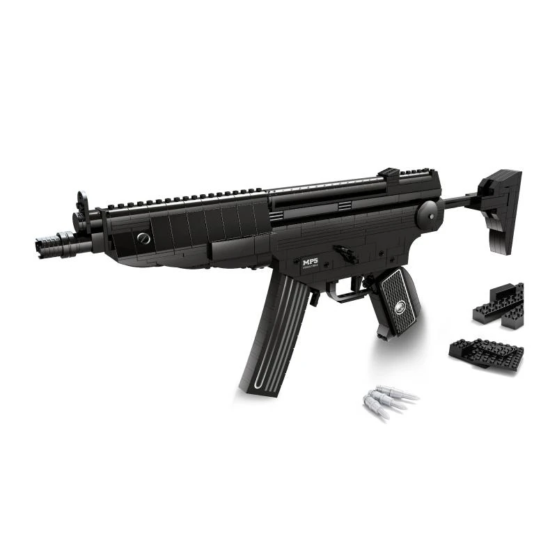 A black toy gun with a magazine, three bullets, and two small brick pieces are displayed.
