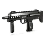 Black toy assault rifle with a folding stock and grip.