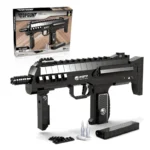 A black toy assault rifle with a magazine, bullets, and a small platform is displayed next to its box.