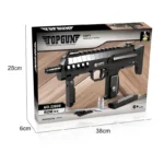 A black brick toy gun, bullets, and a magazine are displayed on a box.