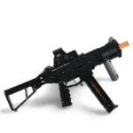 Black toy gun with a scope and an orange tip.