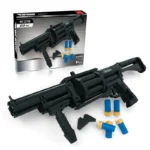 A black toy gun with a box and several blue and gold toy bullets.