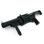 A black toy gun with a cylindrical barrel and a handle is displayed.