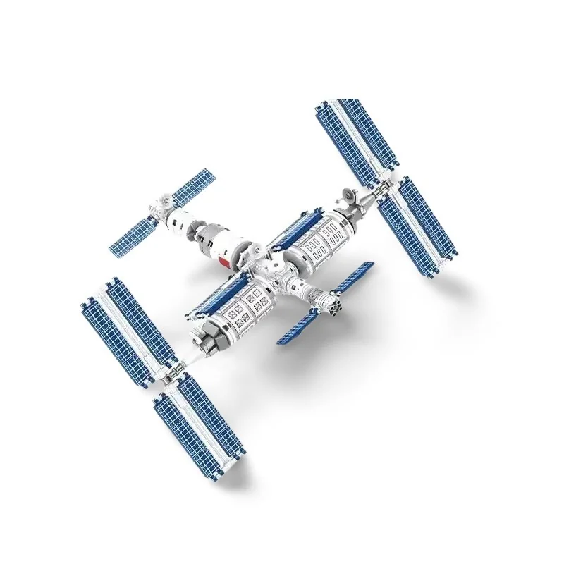 A toy space station with four solar panels is displayed.