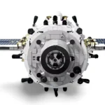 A toy space station with black and gold accents and solar panels.