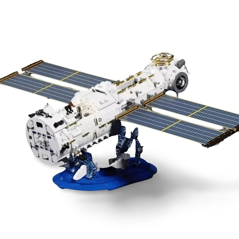 A white space station model with blue solar panels and a blue base.