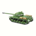 Green toy tank with a long gun barrel and brown canisters on top.