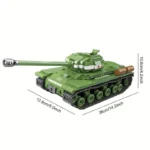 Green toy tank with a long barrel and multiple wheels.