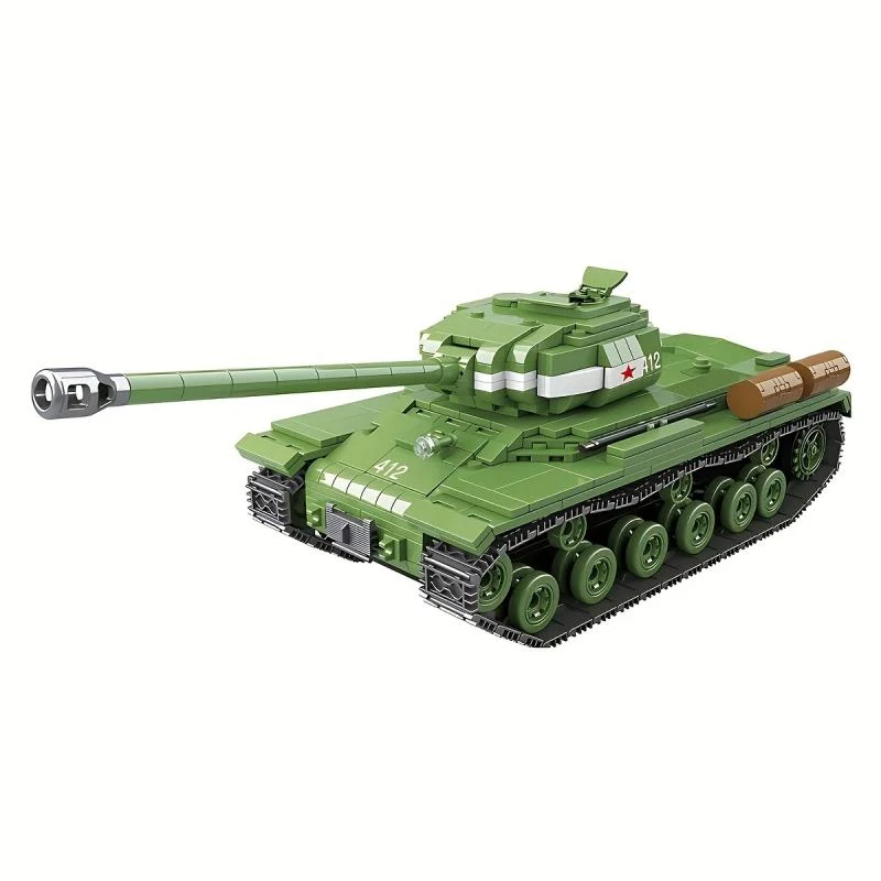 A green toy tank with a long barrel and brown canisters is displayed.