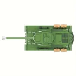 Green toy tank with a long barrel and brown storage boxes on top.