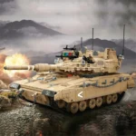A tan toy tank with a cannon firing a burst of flame is on a rocky surface.
