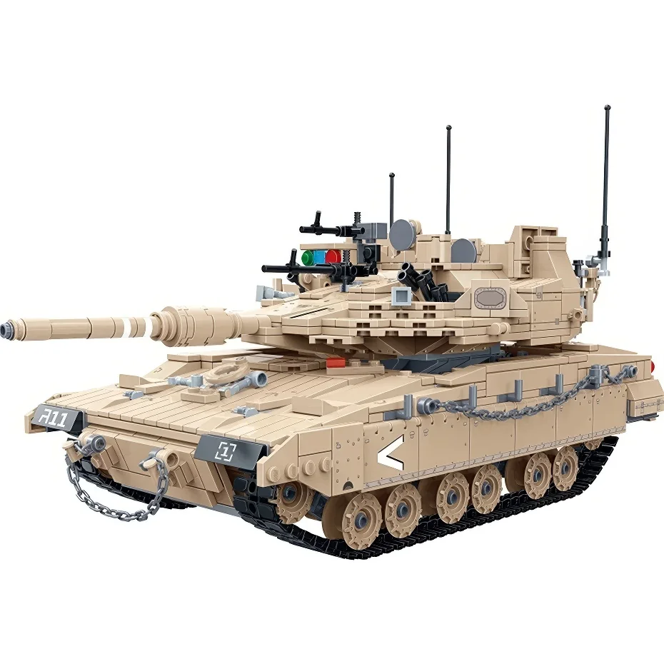 A tan toy tank with a long barrel, multiple guns, and black treads.