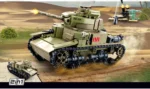 A toy tank with a cannon firing is shown along with a smaller tank and a weapon on a stand.