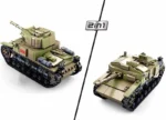 Two toy tanks, one with a turret and one without, are displayed side by side.
