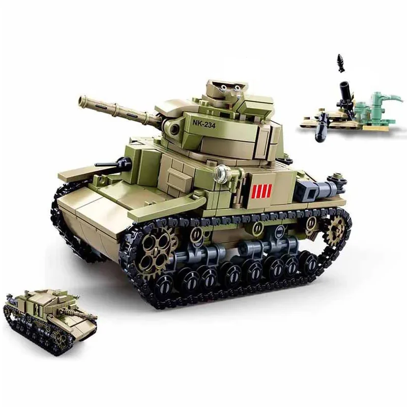 A toy tank with black treads and a turret, plus two smaller toy vehicles.