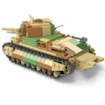 A toy tank with brown, green and tan blocks and black treads.