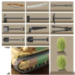 A collection of toy brick weapons, tools, and two green bush pieces, along with a section of a tank.