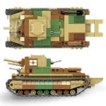 A toy tank made of interlocking bricks is displayed from a top and side view.