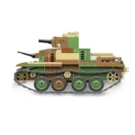 A toy tank with a brown, green, and tan color scheme, featuring a black cannon and four wheels with tracks.