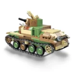 A toy tank with green, brown, and tan blocks, featuring a cannon and treads.