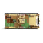 A toy tank with a camouflage pattern is viewed from above.