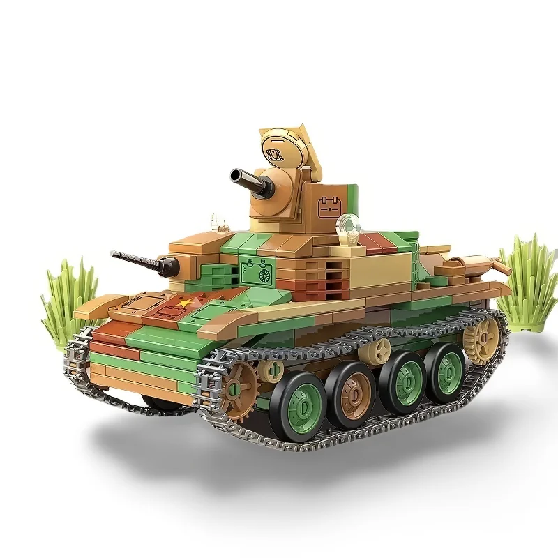 A toy tank with a brown, green, and tan color scheme has two cannons and a tread system.