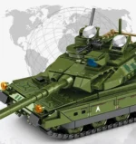 A green toy tank with a long barrel and two round mirrors on top.