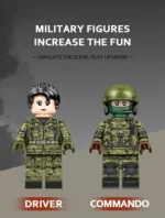 Two figures wearing camouflage outfits, one with a helmet and one without, are displayed.