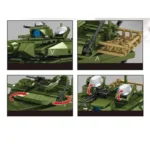 Four images of a green toy tank with weapons and a gold-colored cage.