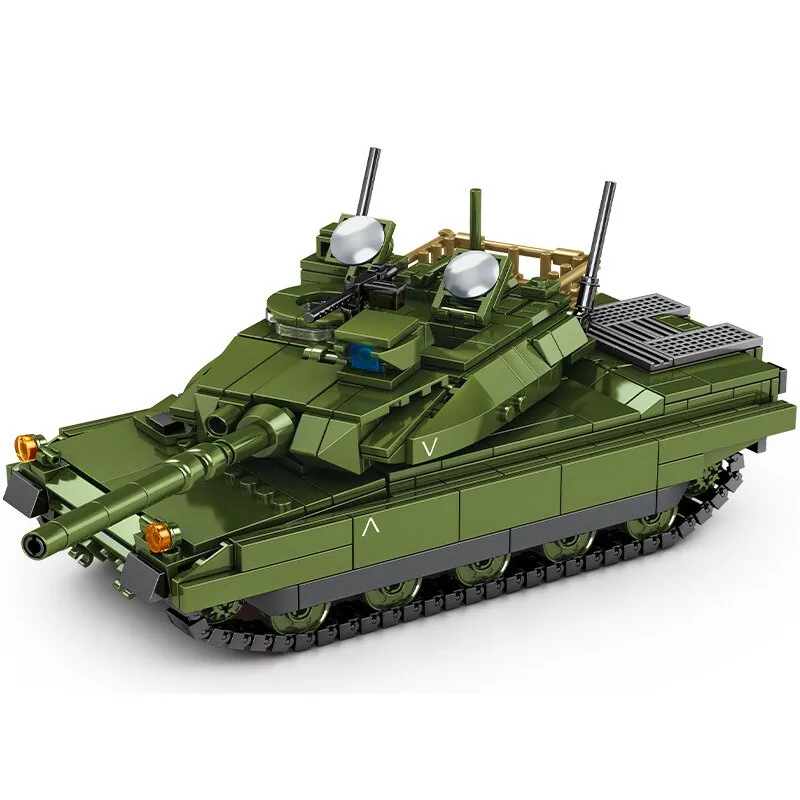 A green toy tank with a long gun barrel and multiple wheels.