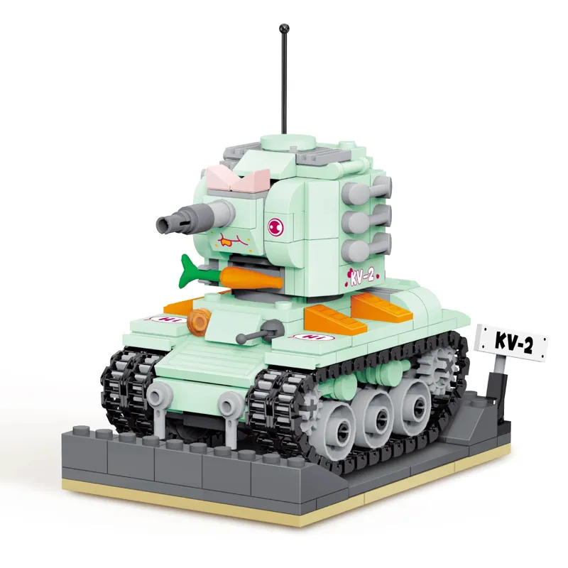 A light green toy tank with black treads and orange accents sits on a gray base.
