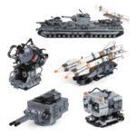 A collection of gray brick toy army vehicles and accessories, including a tank, missiles, and a gun turret.