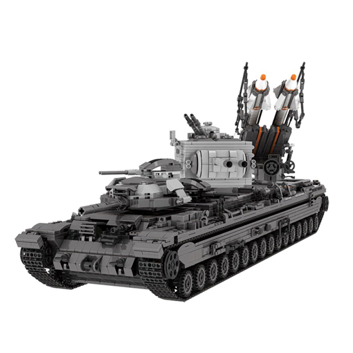 A gray toy tank with two missile launchers on top.