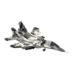 A toy fighter jet with black, gray, and white camouflage pattern.