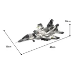 A gray and white toy jet with a pointed nose and wings is displayed with dimensions.